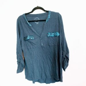 INC Navy blue top XL, has sequin detail at the breast pockets and collar. Wash w